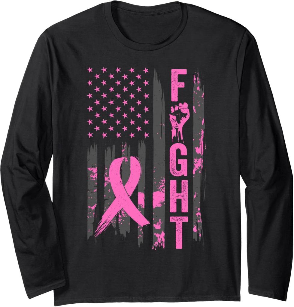 Fight USA Flag Breast Cancer Awareness Pink Ribbon Long Sleeve T-Shirt
