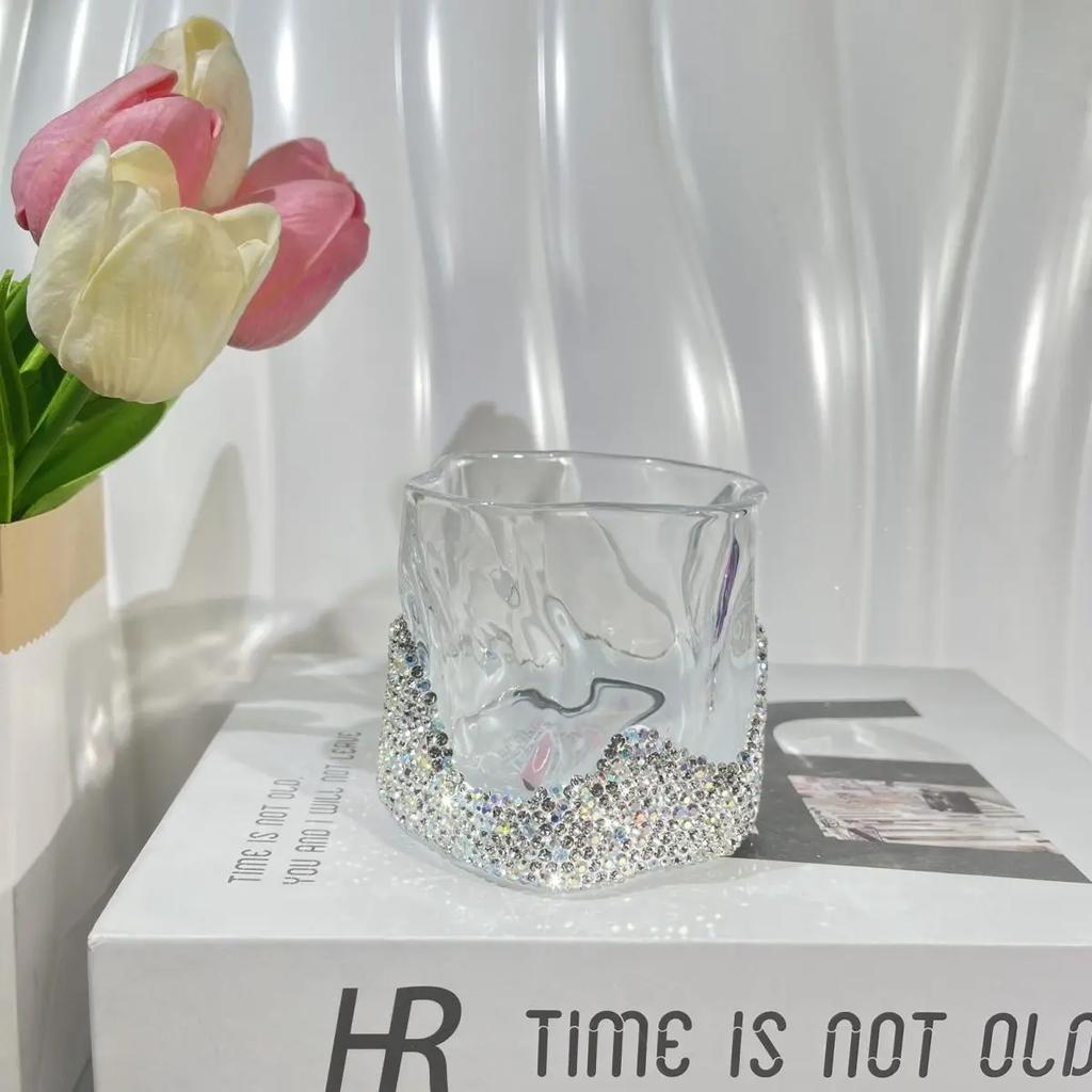 Sparkling Rhinestone Twisted Glass Water CupTransparent Glass Coffee Tea Mug Drink Dessert Breakfast Milk Cup Drinkware Beer Cup
