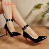 Aphixta Metal Belt Buckle Strap Pimp Red Black 10cm Stiletto Heels Pumps Women Party Shoes Rivets Pointed Toe Size 48 49 50
