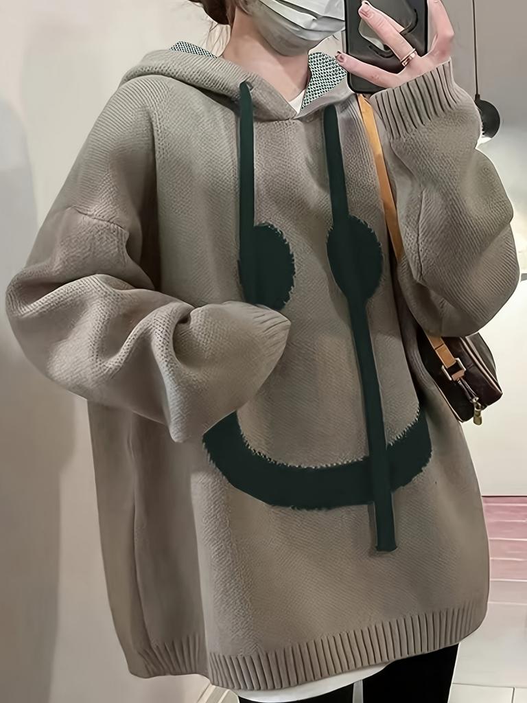 Ladies' Autumn and Winter Elegant and Fashionable Plus Size Casual Knitted Pullover Sweater with Smiling Face Pattern Long Sleeved Hooded Sweater