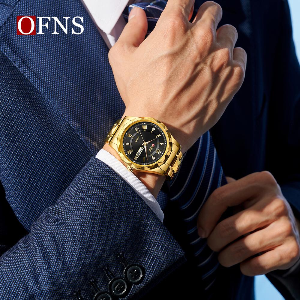 Ofns 7108 Luxury Fashion Men's Full Stanless Steel Quartz Business Watch Double Calendar With Diamond Inlaid Waterproof Luminous