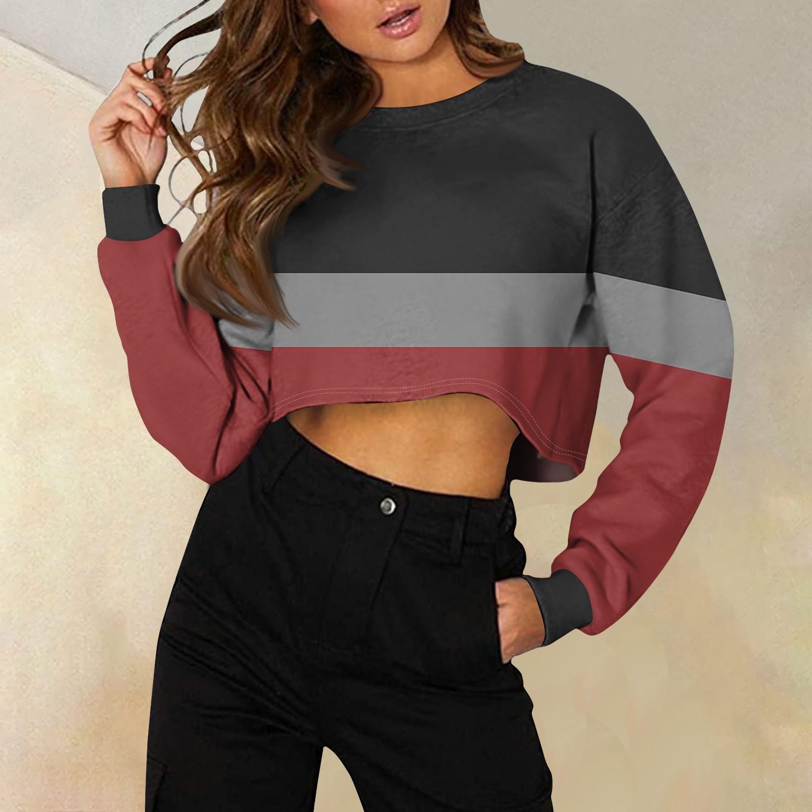 

Женская модная повседневная свободная толстовка с круглым вырезом и длинным рукавом в полоску с принтом XL винный