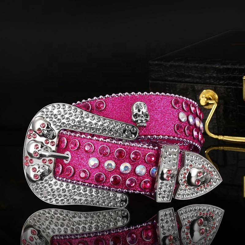Western Leather Belt With Rhinestone BB SIMON CrystalBelt Buckle Cotton OEM Customized Pcs Color