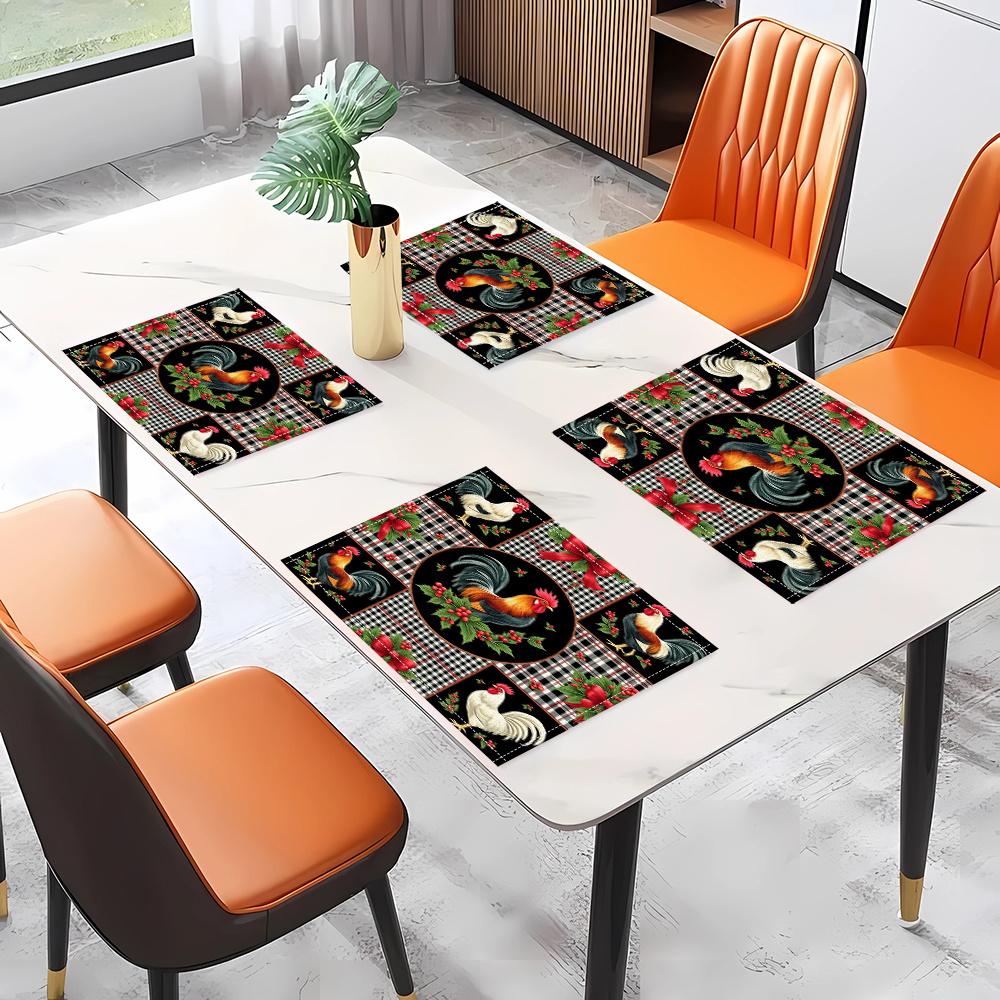 4pcs/6pcs Autumn Elements Thanksgiving Halloween Decorative Linen Placemats, Featuring a 2D Flat Pattern Print with Rooster Red Berries. Gorgeous And