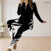 Women Plus Size Two Piece Pants Set Half Zip Long Sleeve Black White Printed Longline Top Fitted Pants