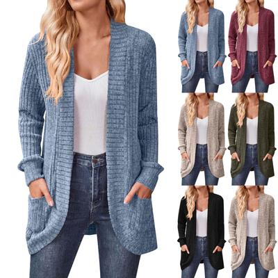 Women Ladies Solid Color Long Sleeve Length Cardigan Sweater Coat Top