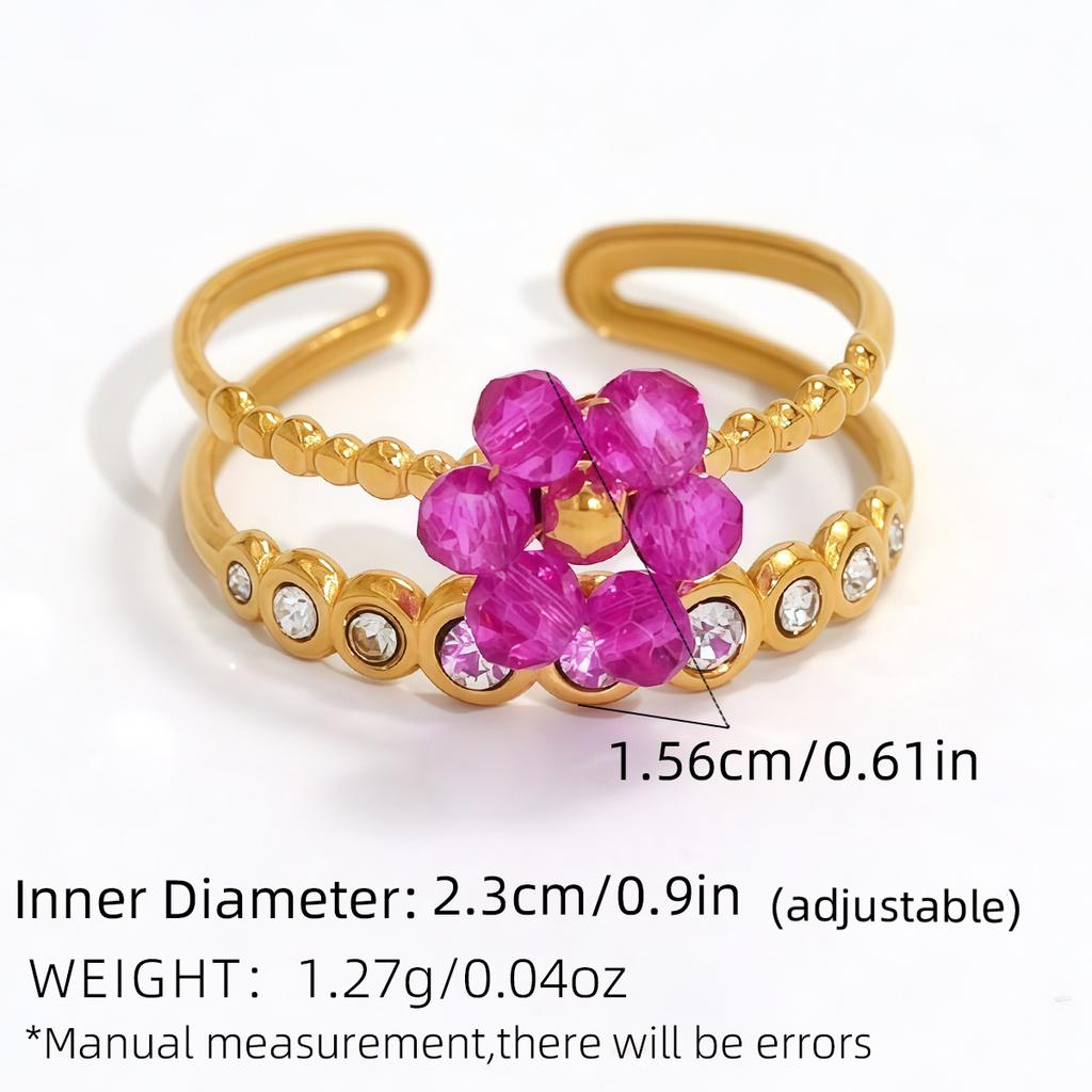 Exquisite Colorful Zircon Flower Design Stainless Steel Rings Gold Plated Waterproof Jewelry For Daily Wear Vacation Seaside