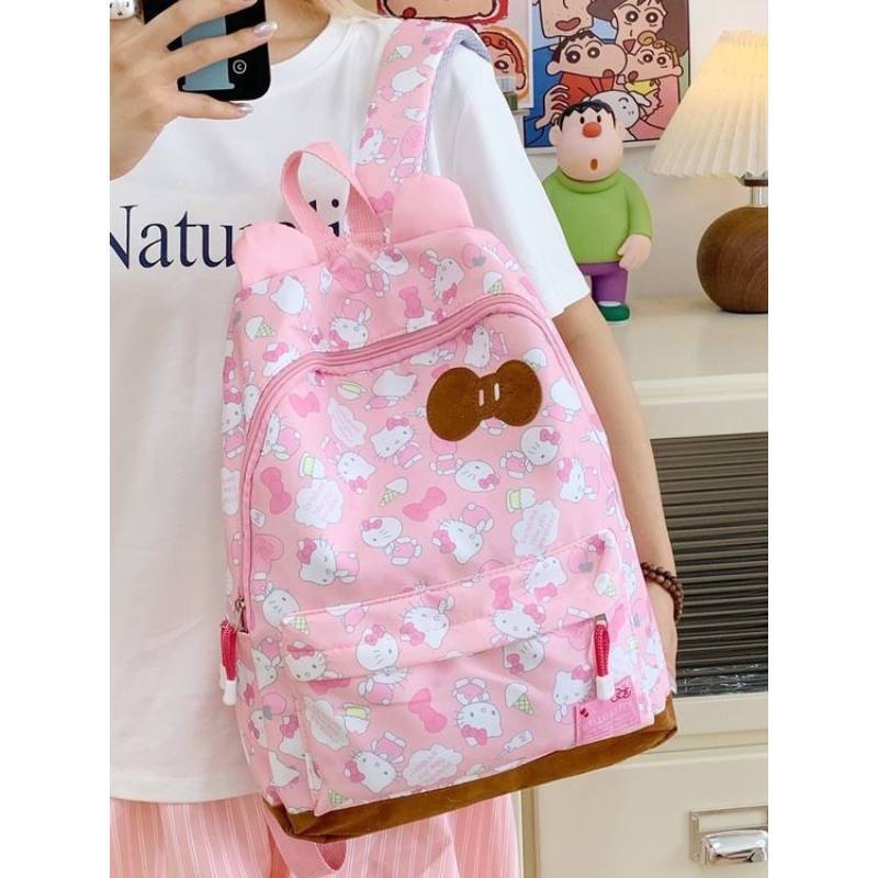 Süßer Hello Kitty Cartoon Rucksack für die Schule Mit Nylon-Aufbewahrung und Herz-Details Für Teenager und Mädchen