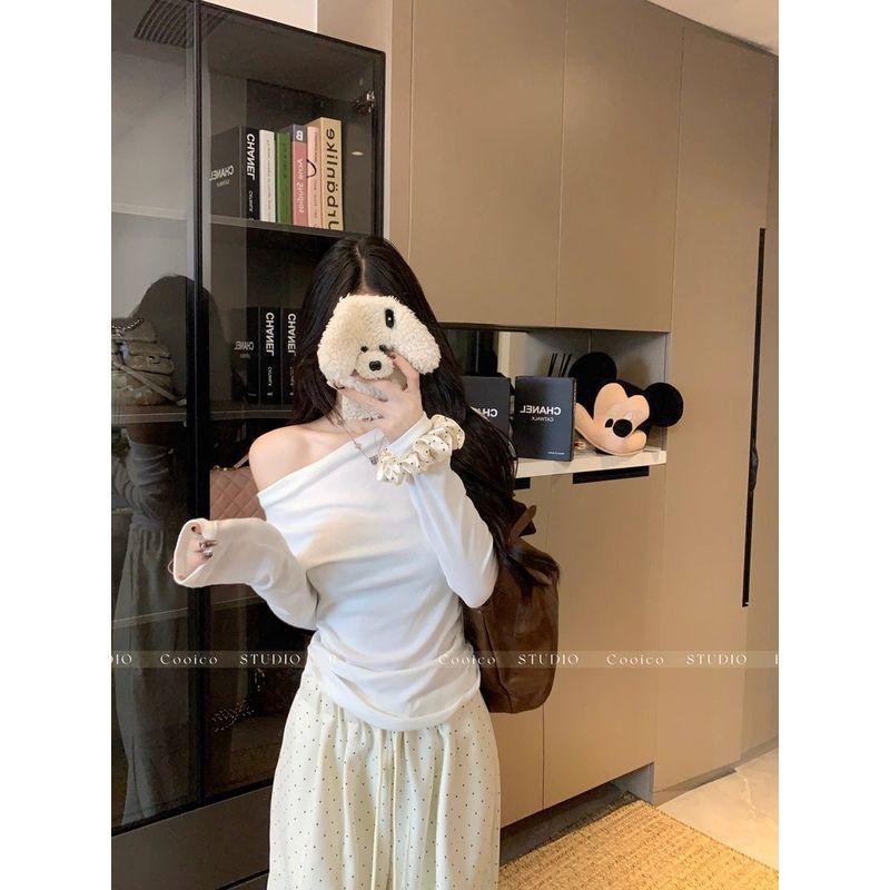 Kumikumi Design Sense Light Yellow Sloping Shoulder Long sleeves Shirt Women clothes Autumn Niche Chic Waist Slimming Top