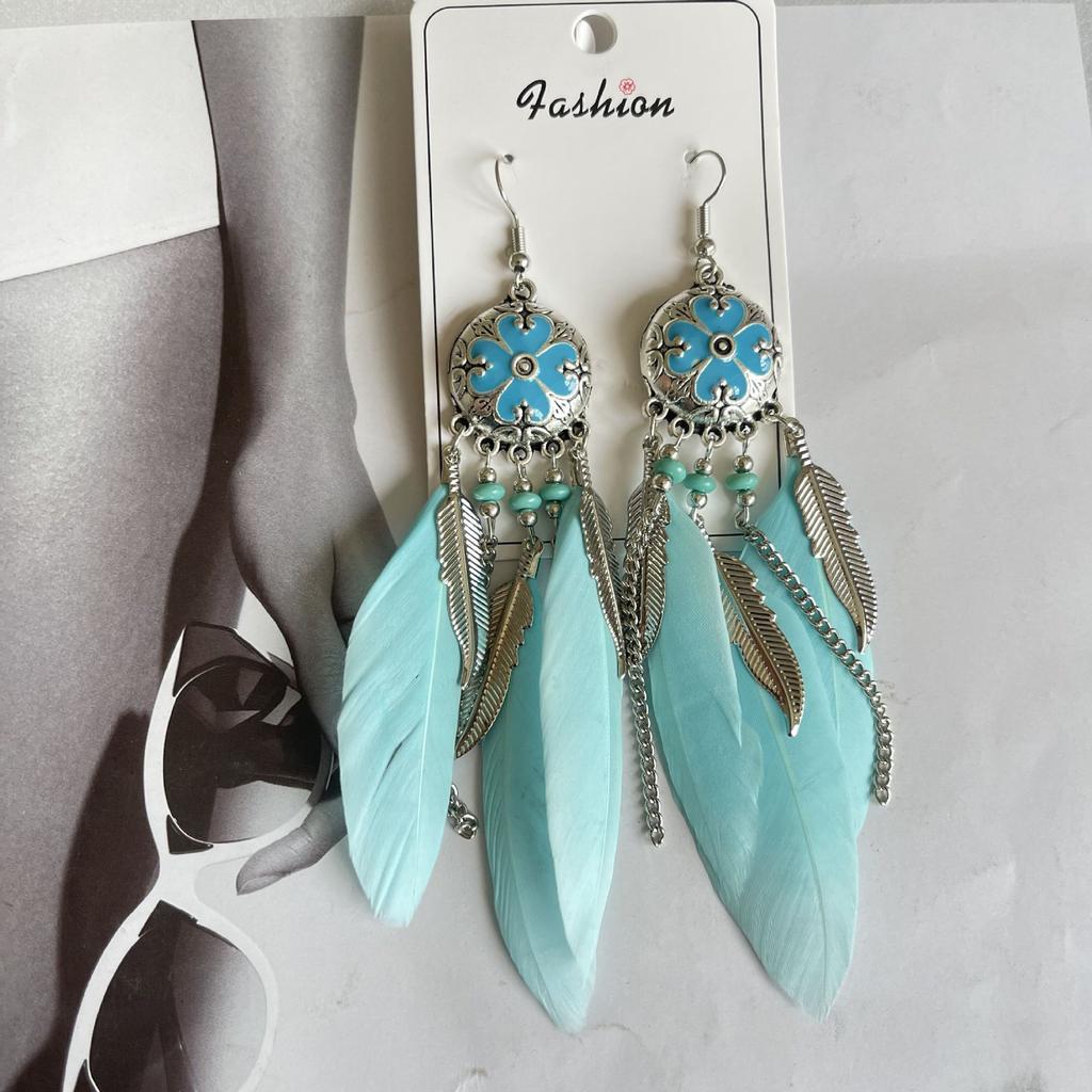 Vintage Bohemian Feather Tassel Earrings Exaggerated Ethnic Vacation Dangle Ear Jewelry Fashion Accessories For Women