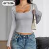 Women's Fashion Casual Solid Color Print Long Sleeve U-Neck Blouses & Shirts Unique Design