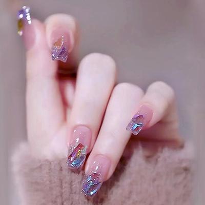 24 Pieces Wear Nail Short Ballet Diamond Aurora Shining Nail Piece Flash Nail Piece Nail Piece Fake Nail