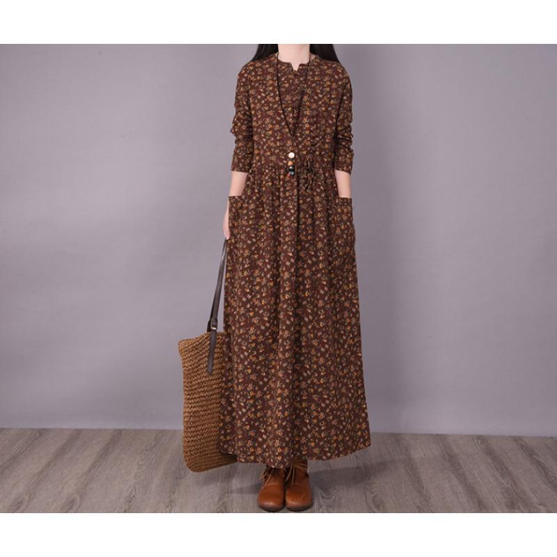 Loose Women's Floral Lace Up Cotton and Linen Dress
