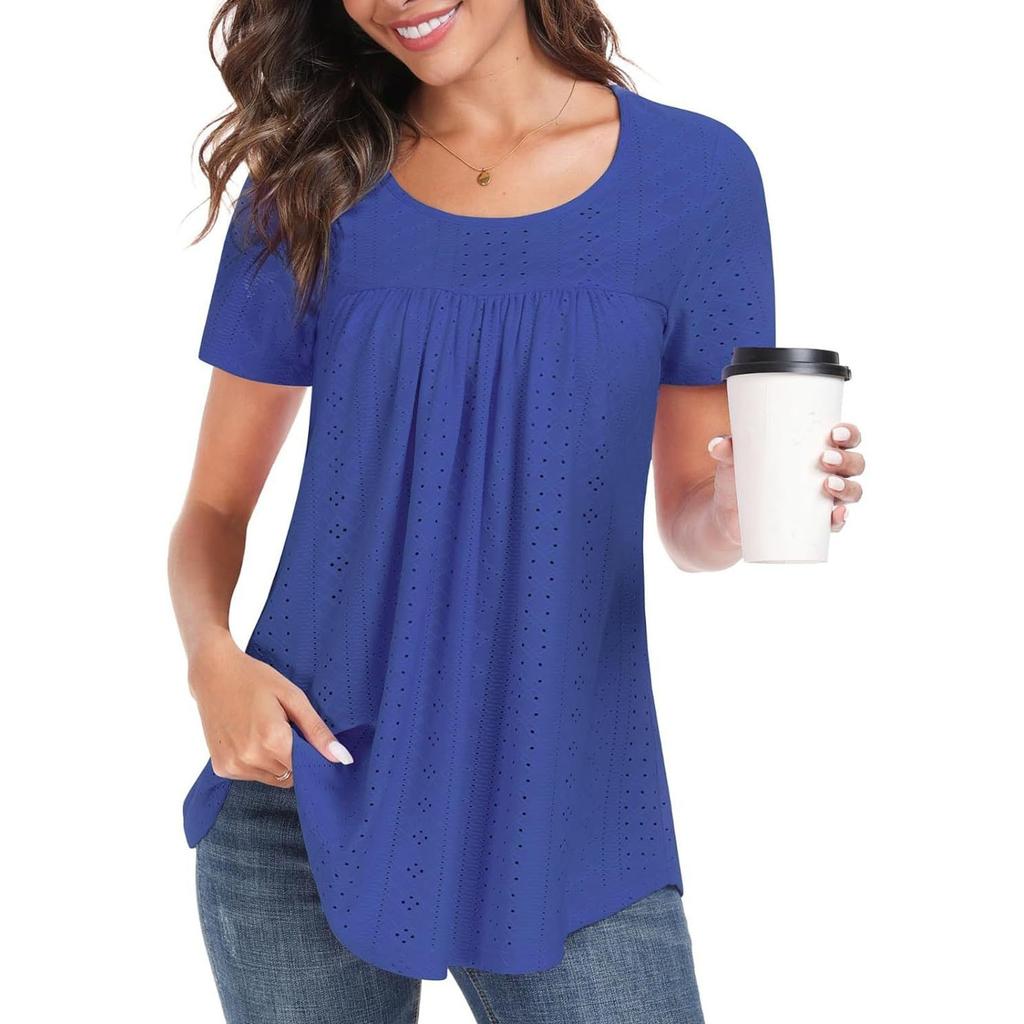 Women Casual Hollow Out Short Sleeve T Shirt Round Neck Loose Fit Lightweight Breathable Summer Top