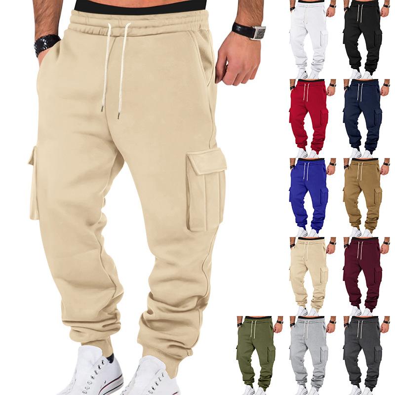 Autumn and Winter Fleece Men's Casual Overalls Men's Multi-pocket Drawstring 11-color Sports Casual Trousers