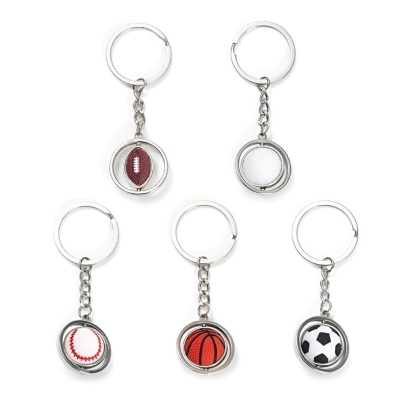 Five types of moving 3D baseball, soccer, basketball, rugby, and golf ball keychains