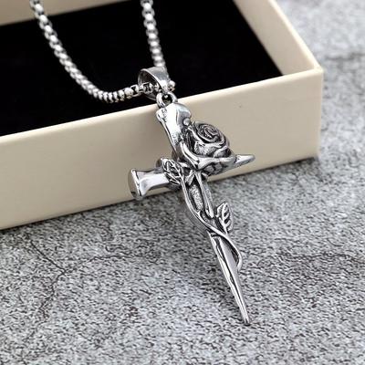 Vintage Stainless Steel Rose Cross Pendant Necklace Unisex Jewelry Gift for Men Women
