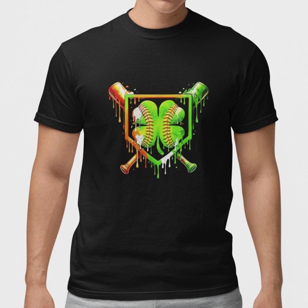 St Patricks Day Baseball Shirt Shamrock Clover Bat Lucky Tee S- Unisex Cotton L