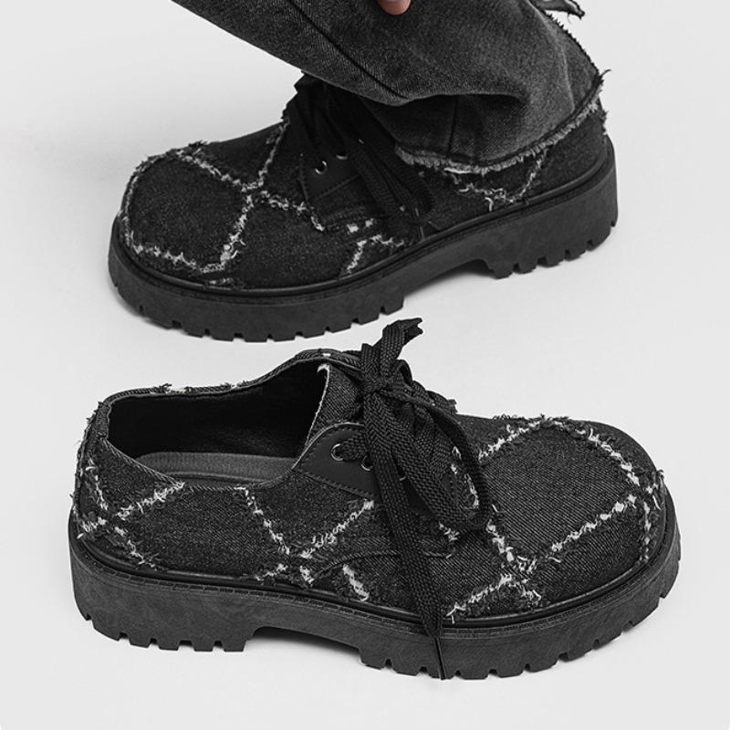 Fashion Men's New Washed Denim Platform Round Toe Derby Shoes Casual Big Head Leather Shoes Niche Avant-Garde Streetwear Shoes for Men's