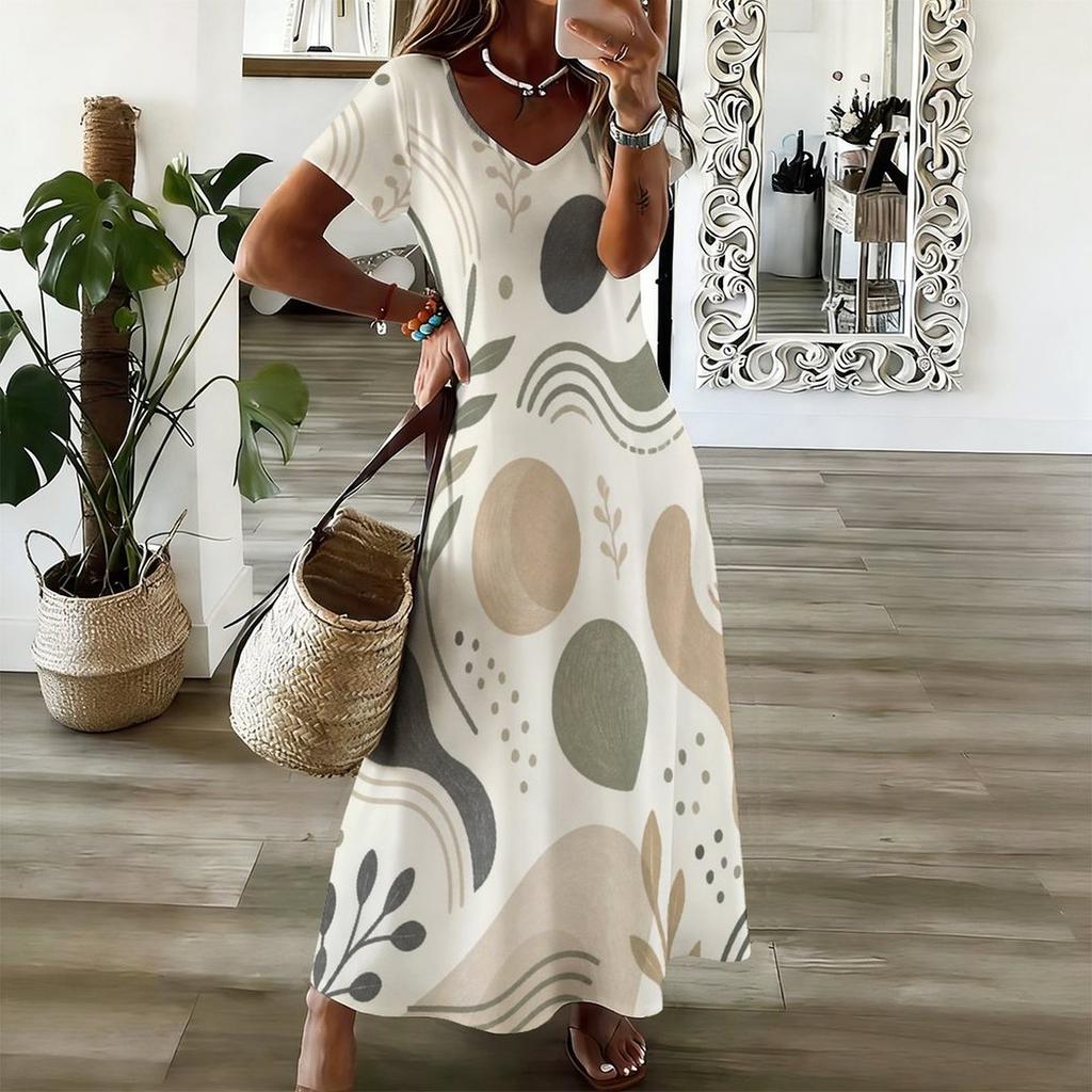 Women Plus Size V Neck Short Sleeve Printed Long Maxi Dress
