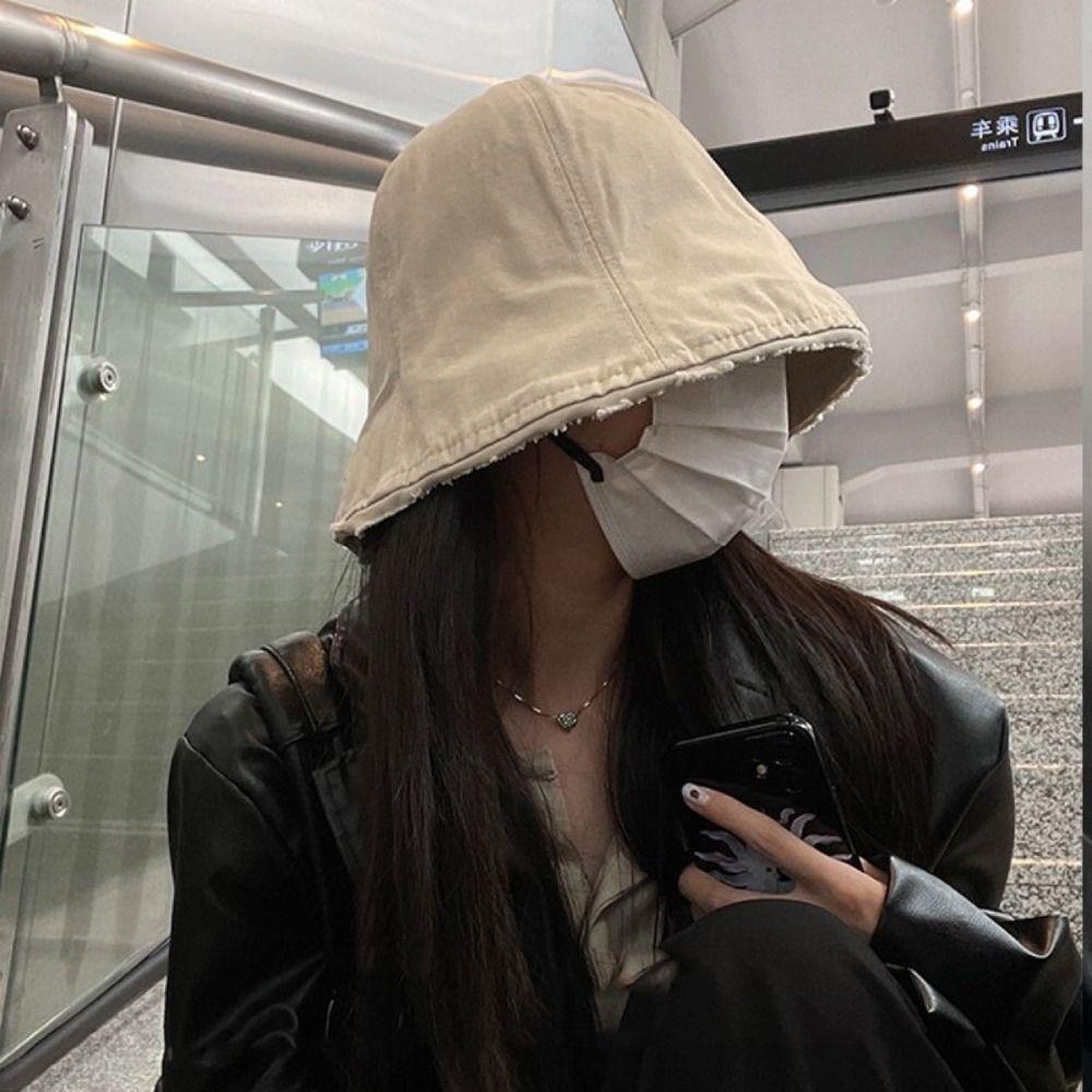 Solid Color Women's Bucket Hat Large Brim Outdoor Fisherman Hat Cotton Basin Hat  Female