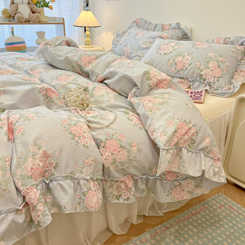 3/4Pc Korean Princess Style Floral Ruffles Bedding Set Single Queen Size Soft Skin-friendly Washed Cotton Duvet Cover Pillowcase