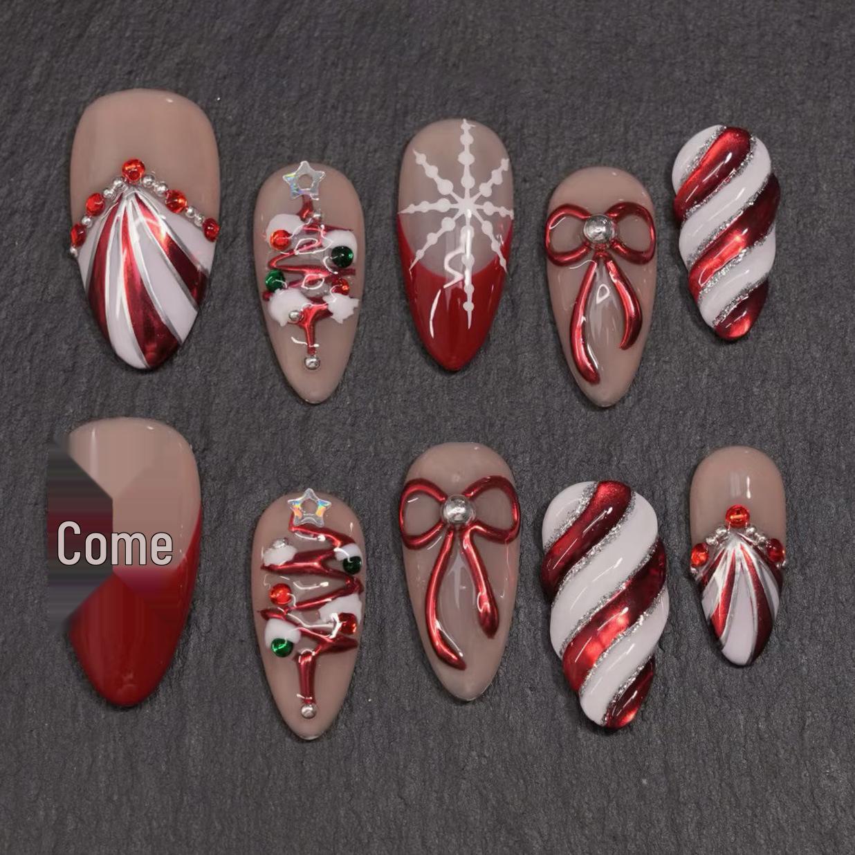 Double Cross Gilded Almond Nails: 30-Piece Plaid, Bow, Diamond Christmas Tree Manicure Set Boxed (Jelly Glue + File)