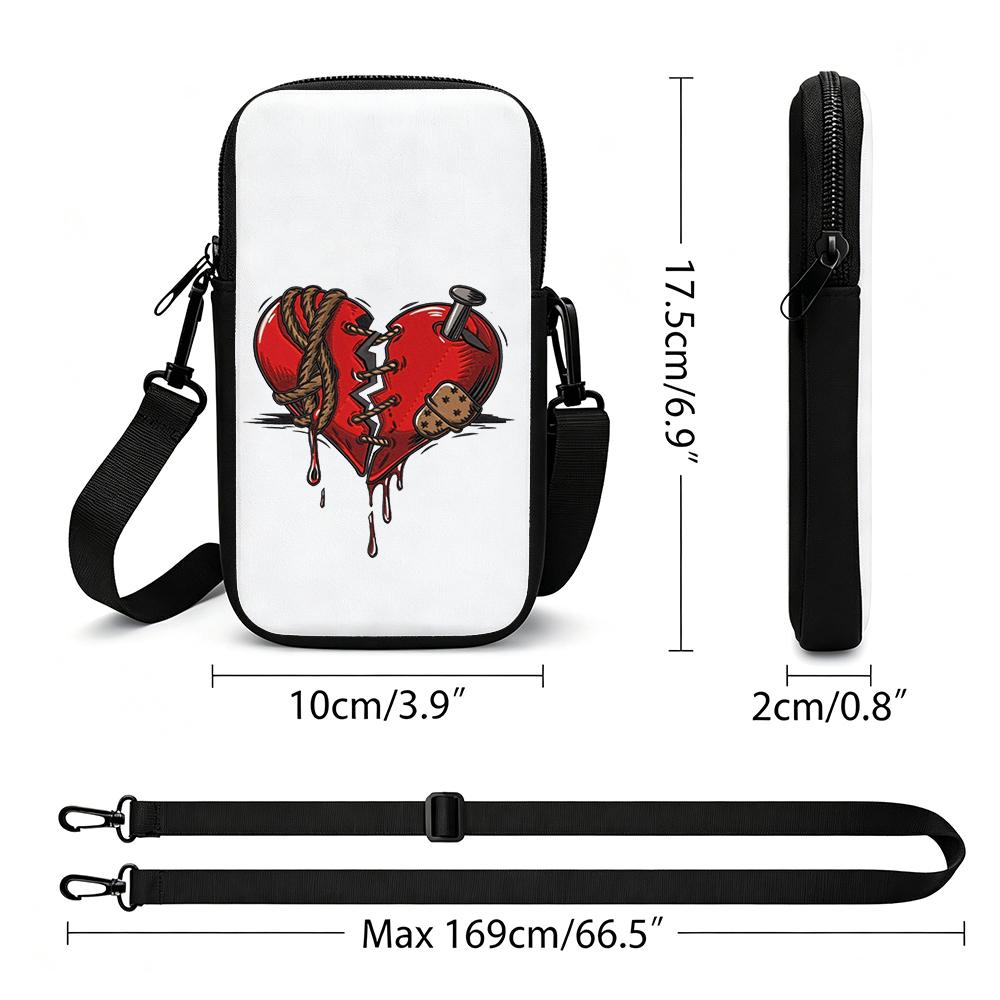 Gothic Stitched Broken Heart Graphic Crossbody Phone Bag, Punk Style PU Leather Cell Phone Sling Purse, Trendy Holiday Gift Aesthetic Shoulder Bag for