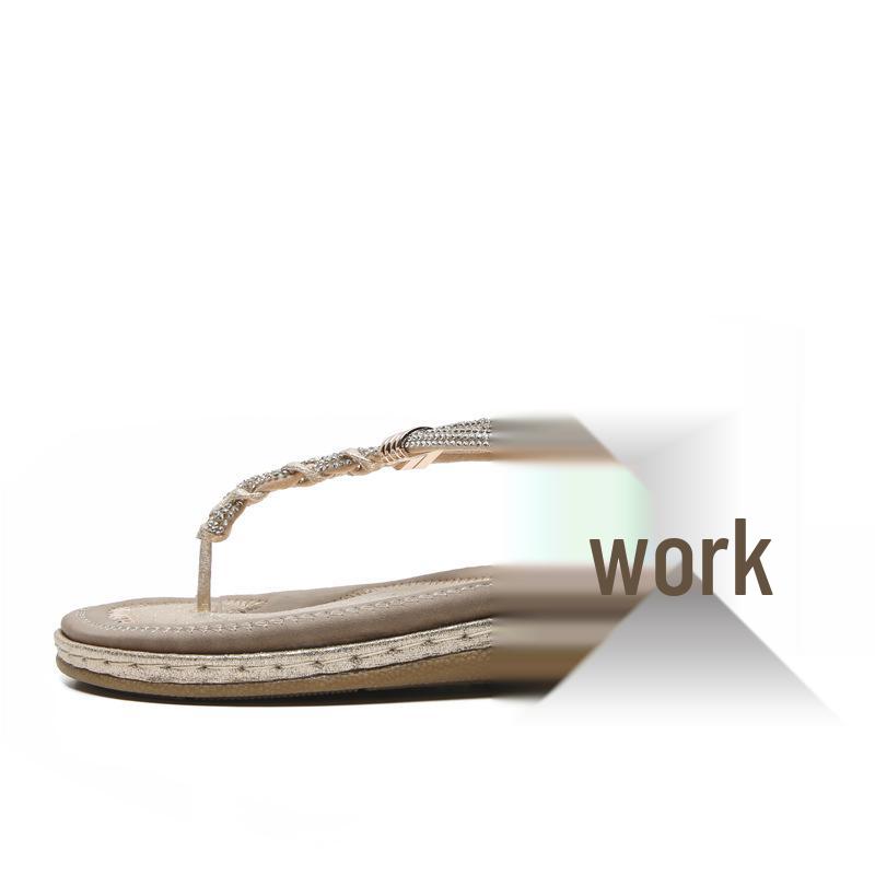 

Весенние сандалии-вьетнамки со стразами, противоскользящие, в богемном стиле, на плоской подошве для женщин 36 золотой