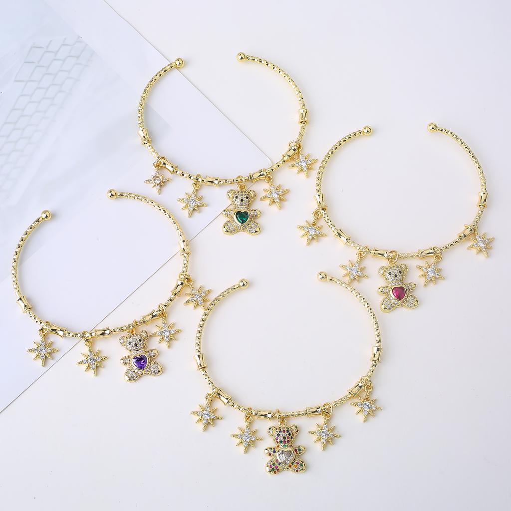 7-Color Sparkling Zircon Animal Bear Star Pendant Bracelet Bangle for Women Birthday Gift New Fashion Party Charm Wrist Jewelry