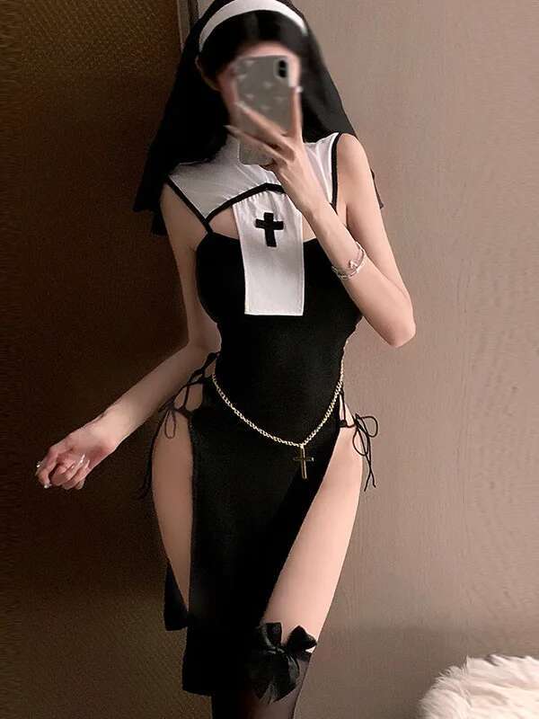 Sexy Summer High Slit Cheongsam Nun Dress Role-playing Uniform Dress Elegant Tank Mini Dress Sweet SM Exotic Women Dress 3XPC
