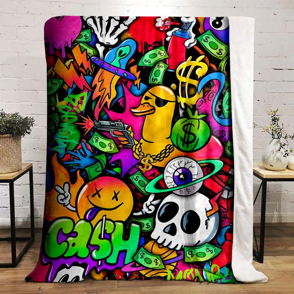 Vibrant Graffiti Collage Featuring Cash, Skulls, Aliens, and Playful Icons. for All Seasons Blanket Lunch Break Throw Gift