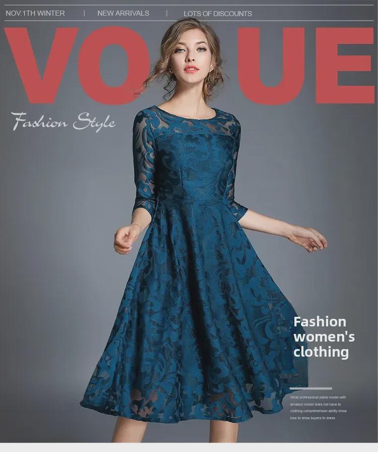 Übergröße Spitzen-Swingkleid mit Dreiviertelärmeln - Europäischer & Amerikanischer Stil, Slim Fit für Frühling und Herbst