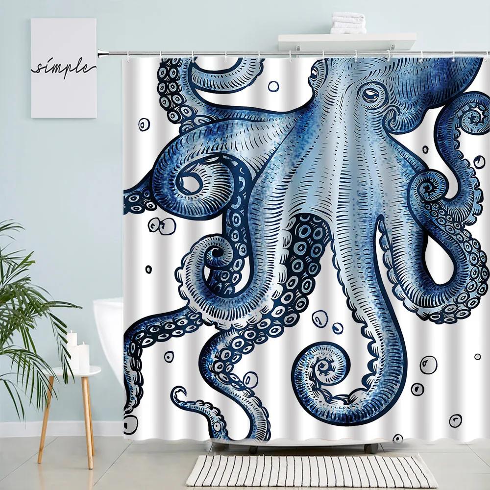 Sea Turtle Seahorse Octopus Shower Curtains Ocean Animals Tentacles Vintage Map Print Fabric Bathroom Curtain Home Decor Hooks