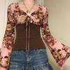 French Retro Flower Butterfly Print Long-sleeved T-shirt V-neck Lace-up Design Flared Sleeve Slim-fitting Waist Bottoming Shirt