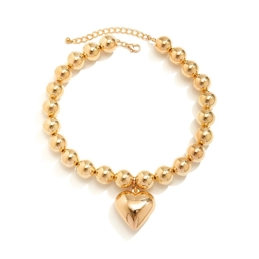 Punk Big Love Heart Pendant Choker Necklace Women Vintage Chunky Heavy CCB Beads Chain Grunge Jewelry Accessories Steampunk Men