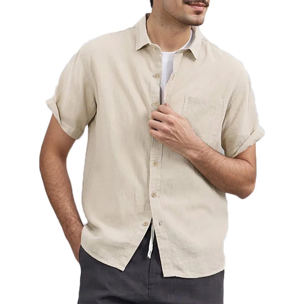 Sommer Neues Herren Umlegekragenhemd Einfarbig Baumwolle Leinen Leicht Atmungsaktiv Lässige Kurzarmhemden