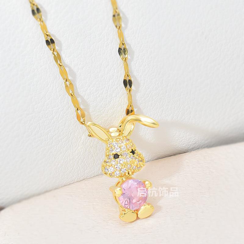 

Игристое ожерелье в виде кролика, женский легкий роскошный универсальный розовый циркониевый кулон для подруги, цепочка на ключицу