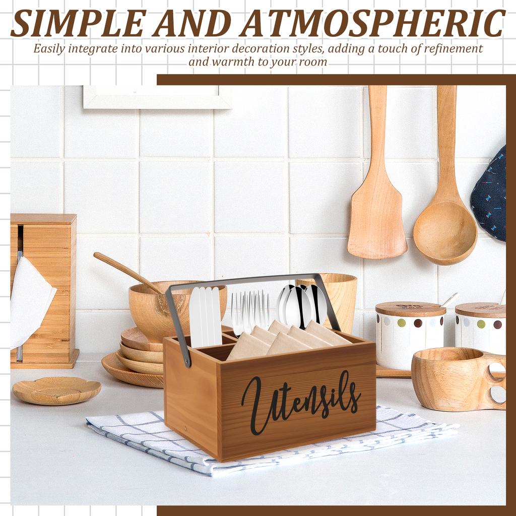 Wooden Tableware Storage Box with Handle and 4 Compartment Portable Silverware Storage Organization Box for Kitchen Counter