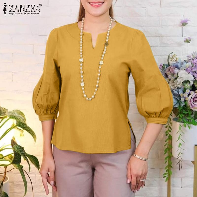 ZANZEA Women Casual V-Neck Solid Color Summer 3/4 Sleeve Blouse