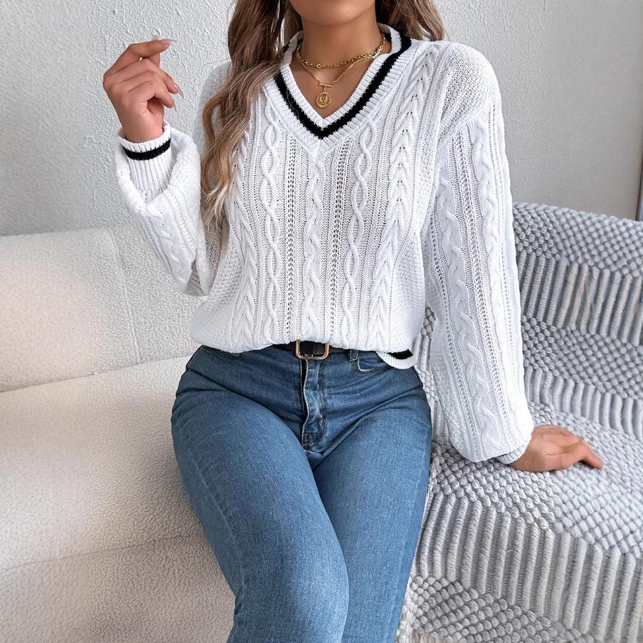 Autumn New Style College Style Patchwork V-Neck Cable Knit Long Sleeve Sweater Women's Clothing