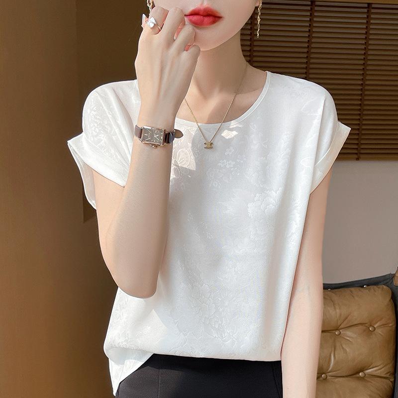 Women's Summer New Style Round Collar Temperament Dark Flower Short Sleeve All Match Short Section Top