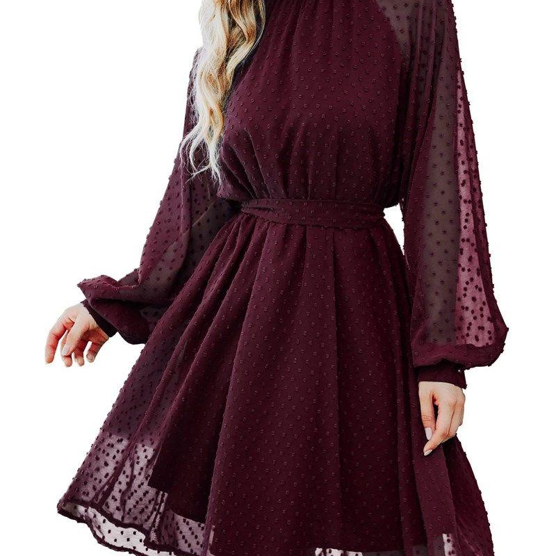 

Women Wedding Guest Dress Long Sleeve Elegant Chiffon Dress Burgundy S