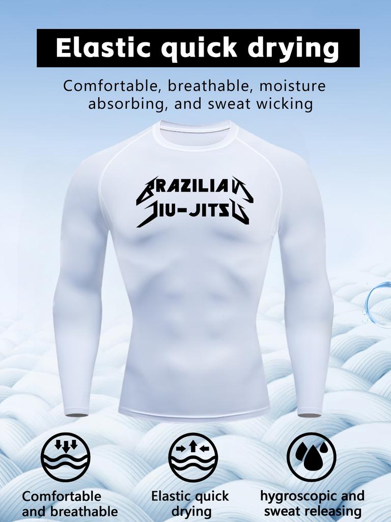 Men's Black Long Sleeve Brazilian Jiu-Jitsu Print Compression Rash Guard, Elastic Quick Drying Breathable Moisture Wicking BJJ & MMA Training Top