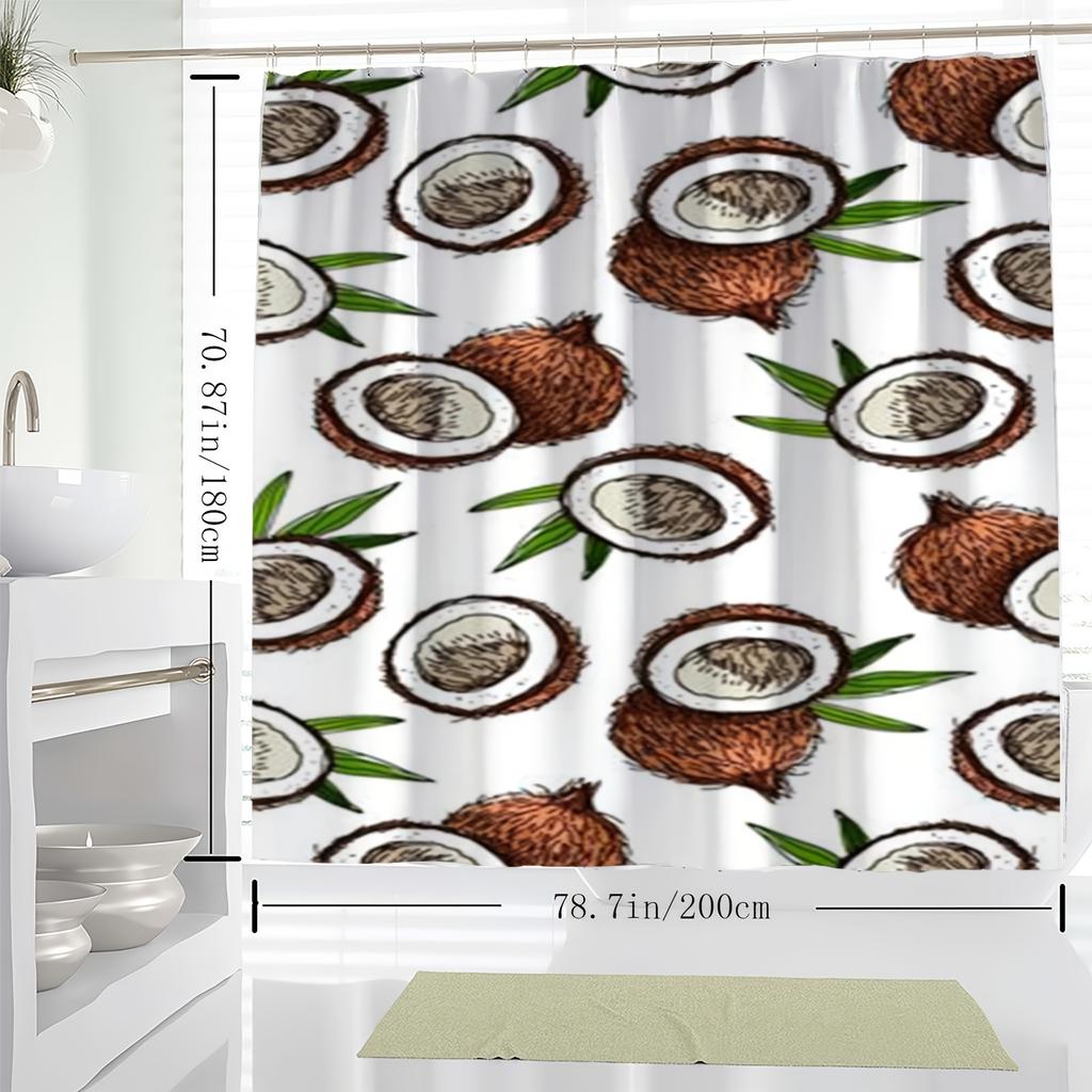 1 Piece Coconut Shell Print Shower Curtain Set - Double-Sided Polyester Fabric With Hooks, Tropical Art Theme, Polyester Fabric