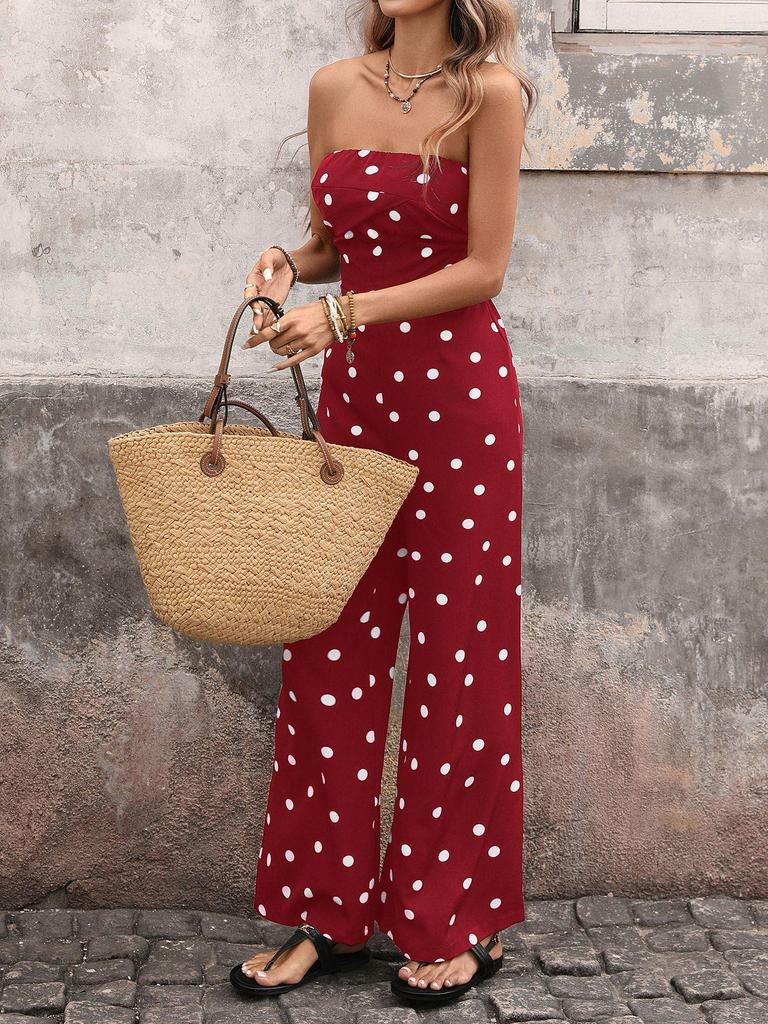 French Holiday Polka Dot Sleeveless Bandeau Jumpsuit (2026 Collection)