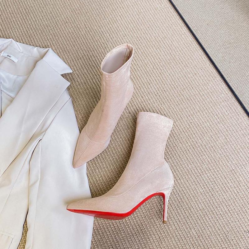 High heels pointed short boots women's autumn and winter new thin heels black elastic socks boots medium tube thin fashion boots