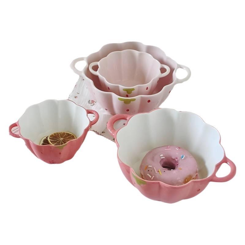 Charming Ceramic Double-Ear Berry Petal Bowl for Fruit, Salad, or Noodles - Anti-Scald Design.