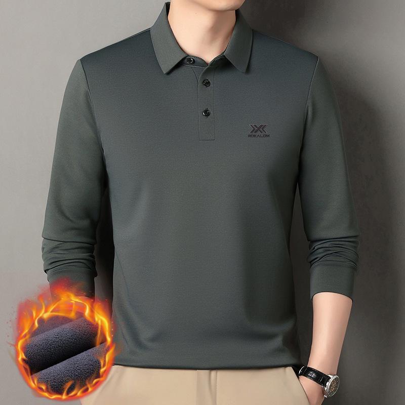 Men's Winter Long Sleeve Polo with Mulberry Silk Lapel, Fleece-Lined, Thickened Business Casual Shirt