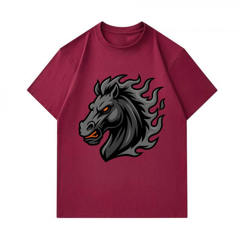 Men's 100% Cotton Crew Neck Short Sleeve T-Shirt, Cool Dark Flame Hell Horse Head Graphic Printed Casual Breathable Summer Tops for Daily Street Wear